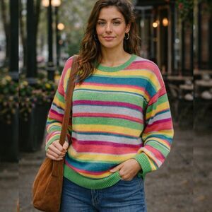 Crayola x Kohls M Rainbow Stripe Knit Sweater Bright Colorful Cozy Crewneck Soft